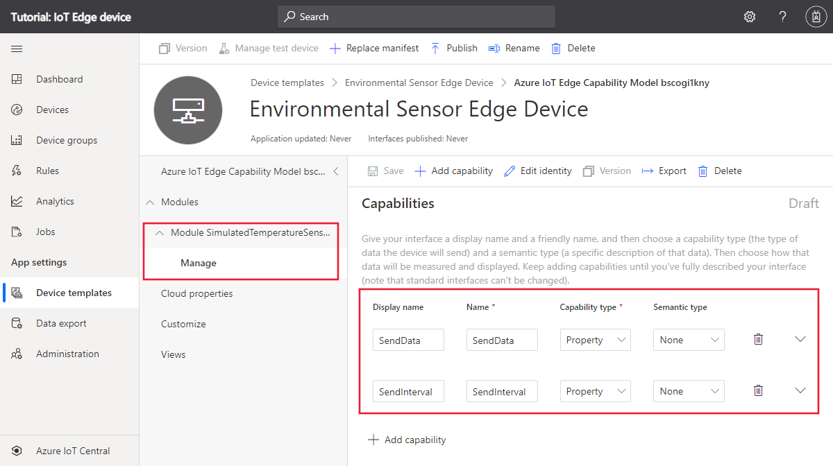 Device template created from IoT Edge manifest